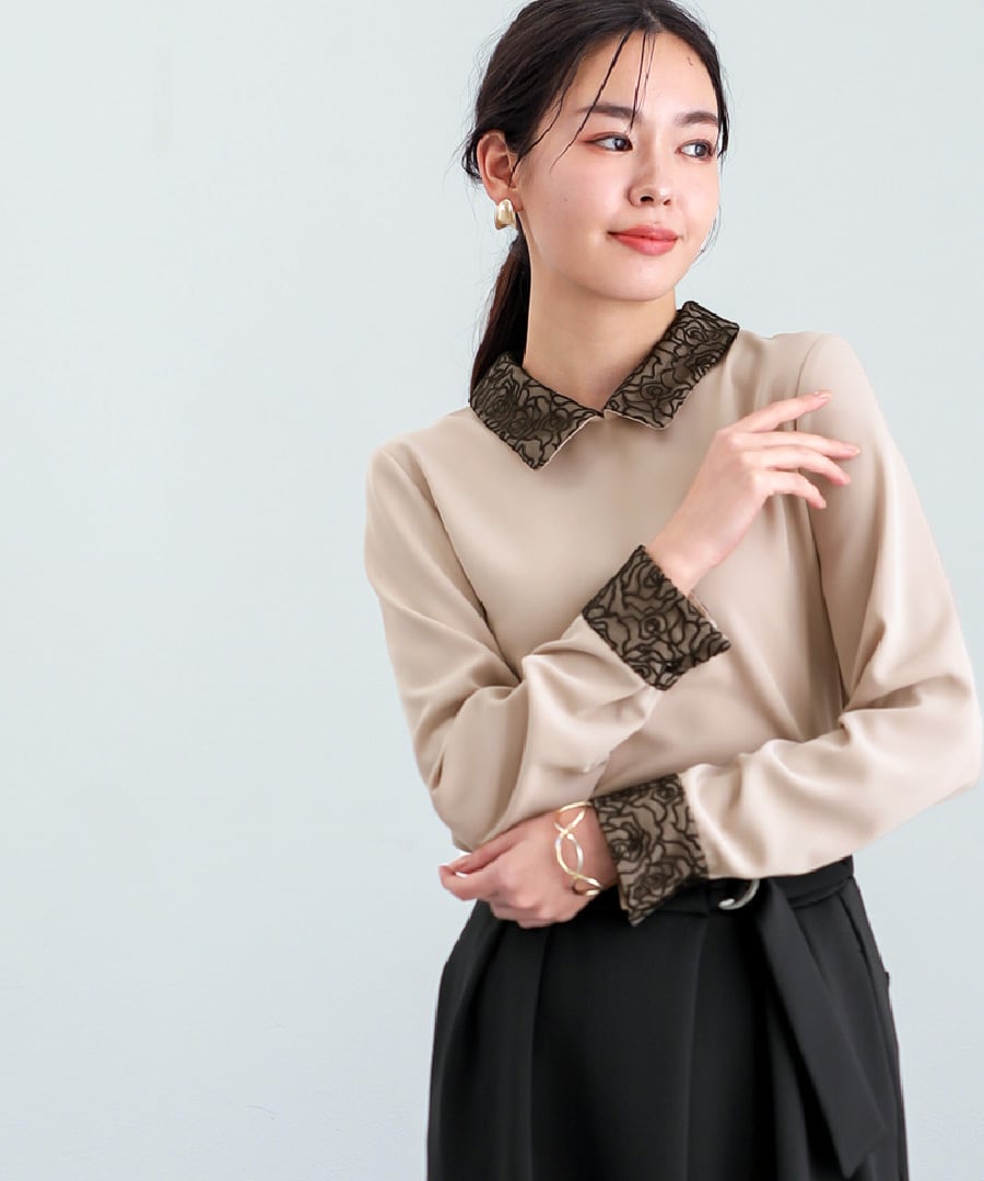 SALE 20％OFF】【 ディテール映え 】ソフトツイル・襟袖レース