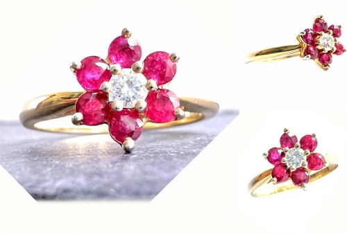 TIFFANY　ティファニー　K18 YG　バターカップ フローラ リング　ダイヤモンド ルビー　7石　パヴェ　指輪　花　フラワー　