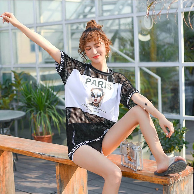 即納 ３点セット 水着 体型カバー トップス フォトtシャツ プリントフォト フォトt Tシャツ タンキニ スポーティー 英字ロゴ ビキニ 女の子 水着 ストリート系 可愛い ショートパンツ スポーツ 中学生 ジュニア 10代 代 プール 海 夏 新作 M L Xl Laff Store 会社