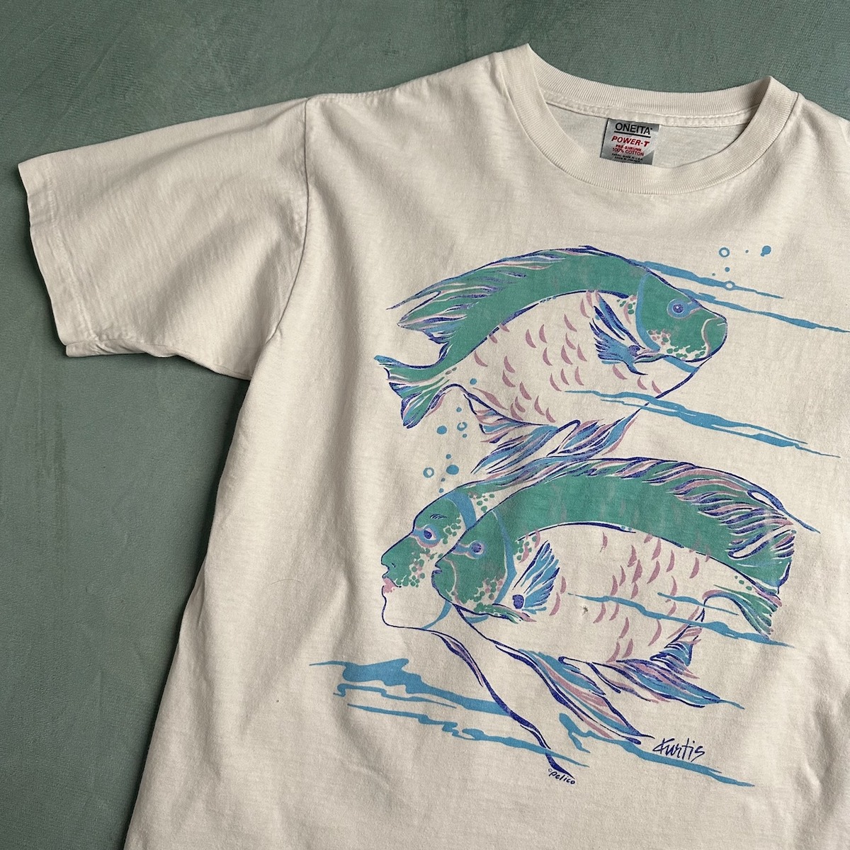 90s USA製 アート 魚 人面 シングルステッチ 半袖Tシャツ 白 | RUFFY