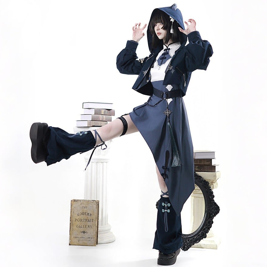 パンク サブカル系|猫耳フードとチェーンが奏でるパンクスタイル 上下4点セットアップ(ネイビー)|SEASONZ