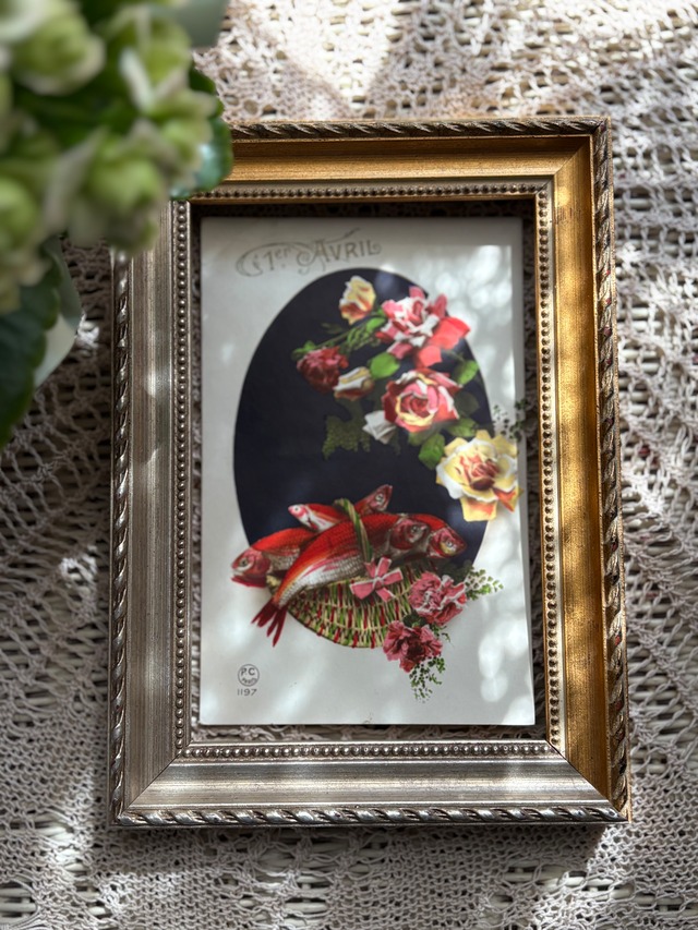 アンティークポストカード Poisson d'Avril ４月の魚 1918年 額装 インテリア フランス