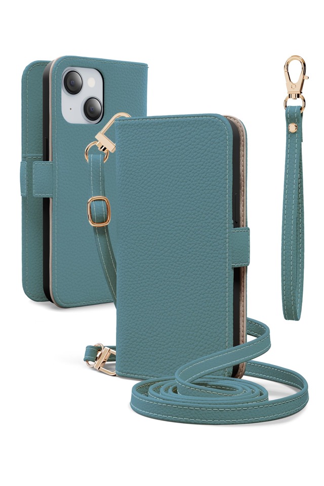 MINTY iPhone14 iPhone13 用 ケース 手帳型 ダブルストラップ ターコイズ