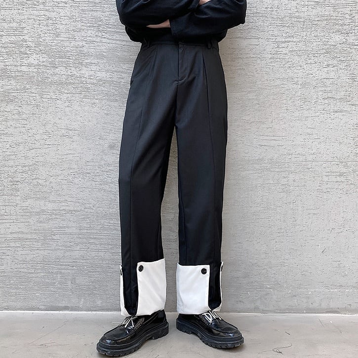 【Men】CONTRAST DESIGN HEM BLACK STRAIGHT PANTS 1color Z-061
