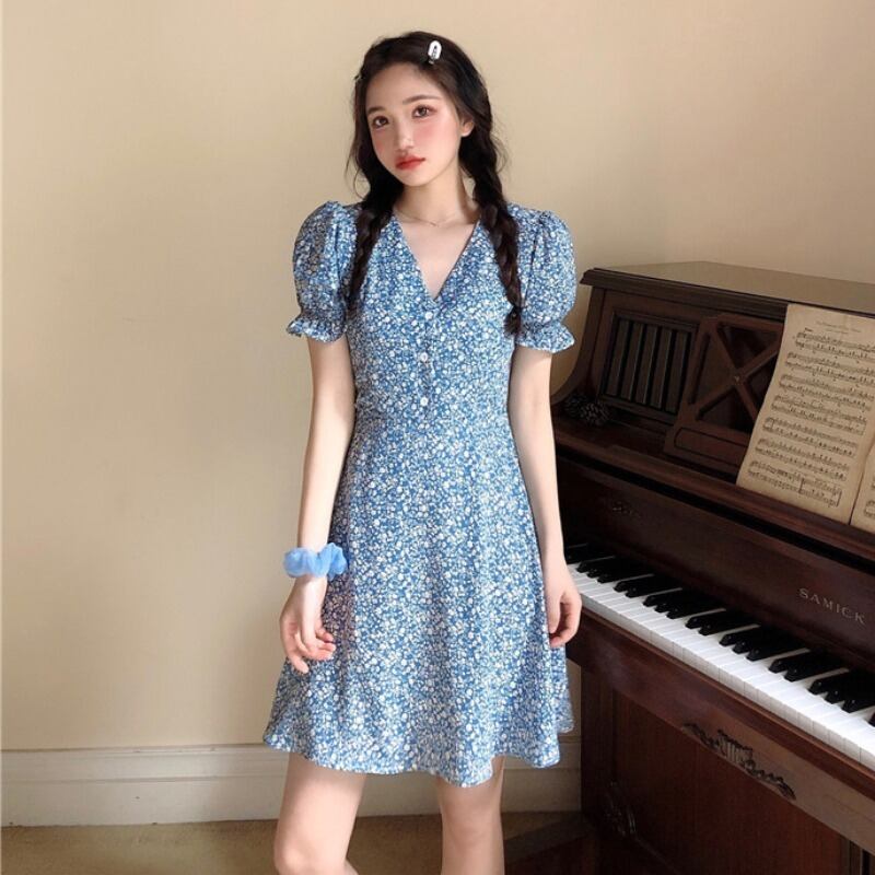 フローラルシフォンドレス ウェスト薄手Vネックスカート 花柄 YY-ファッション85066391881