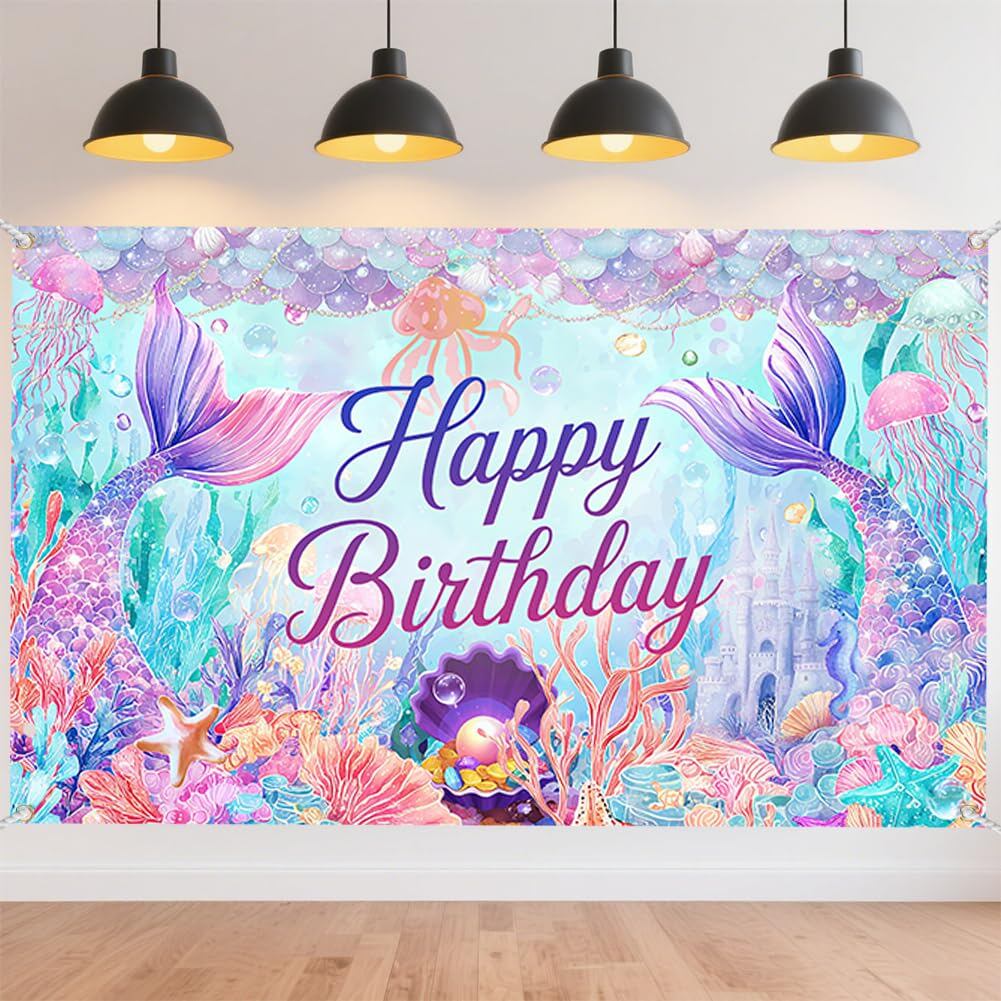 【数量限り】マーメイド バースデー タペストリー 誕生日 人魚姫 飾り付け 72×44インチ 大判 Happy Birthday タペストリー 写真背景 壁飾り デコレーション パーティー お祝い 女の子 男の子