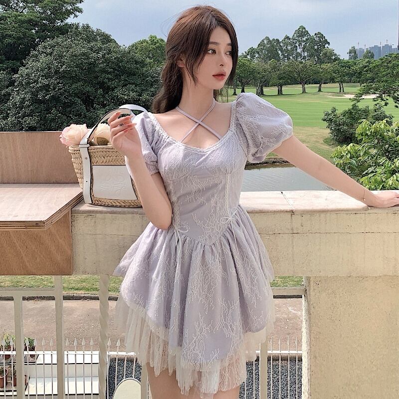 ウェスト薄手レースプリーツAラインドレス スプリングサマーショートスカート 春物 夏物 ステッチ YY-ファッション53046036433