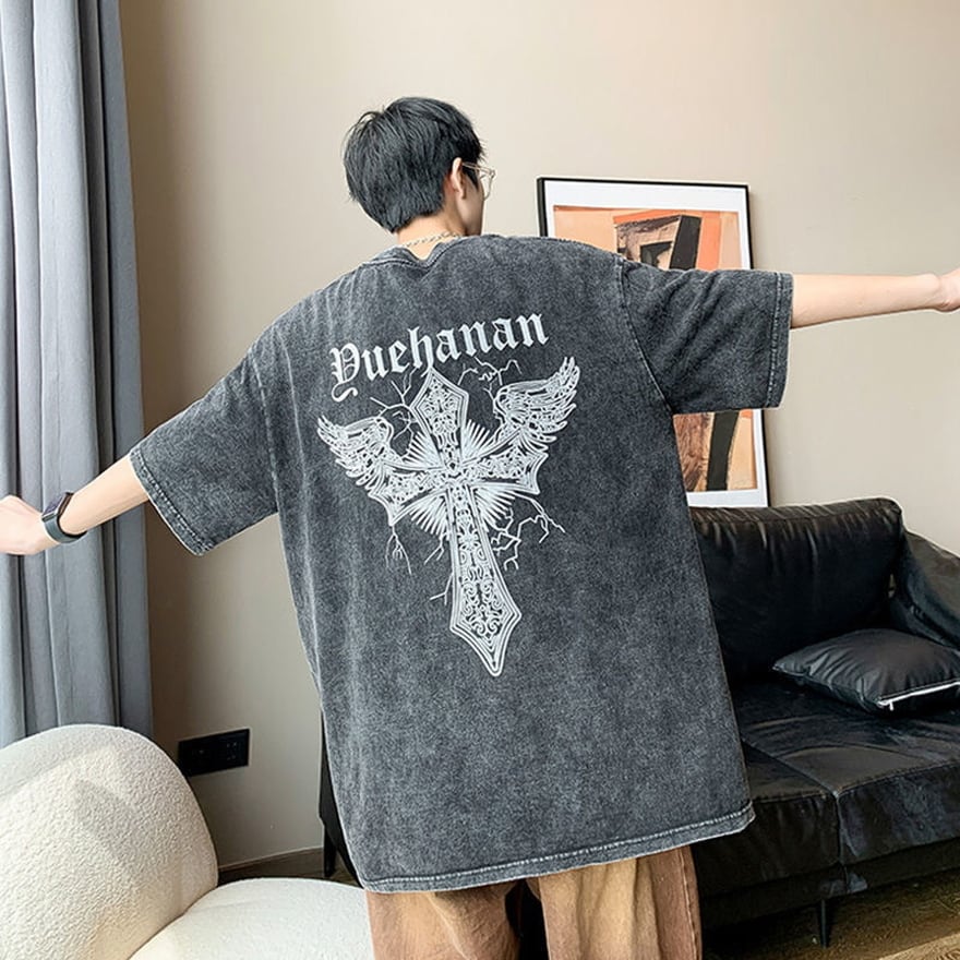 天使と悪魔 サブカル服 春夏 半袖 Tシャツ プリント柄 ウォッシュド