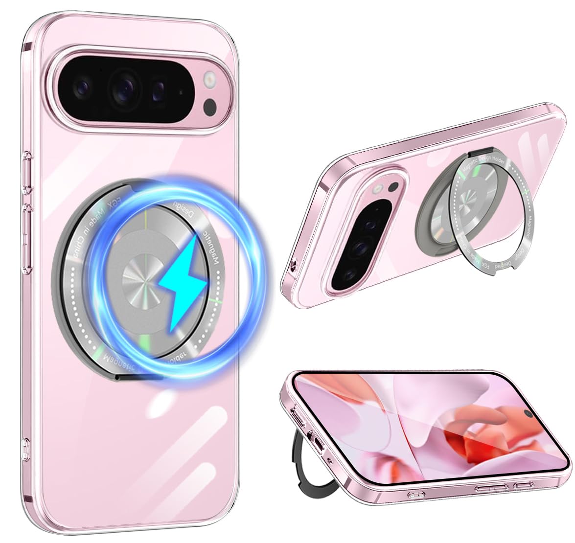 Google Pixel 9 Pro ケース クリア 360°回転スタンド MagSafe対応 ワイアレス充電対応 耐衝撃 ピクセル 9pro カバー 軽量 薄型 人気 Pixel9Pro スマホケース 透明 TPU + PC 車載ホルダー対応 (クリア)