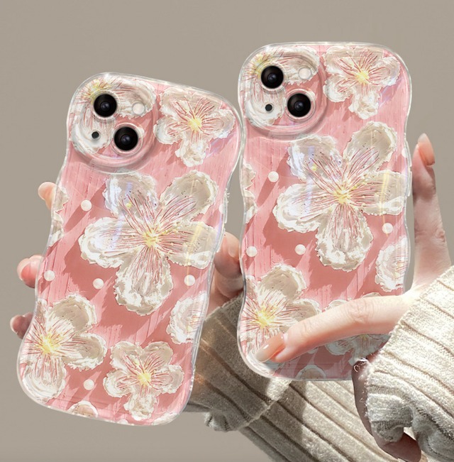 【iPhone15シリーズ対応】艶が美しい◎花柄 ピンク 人気ウェーブフレーム 油絵プリント カメラ保護フレーム ストラップ フラワー スマホケース ND-15270