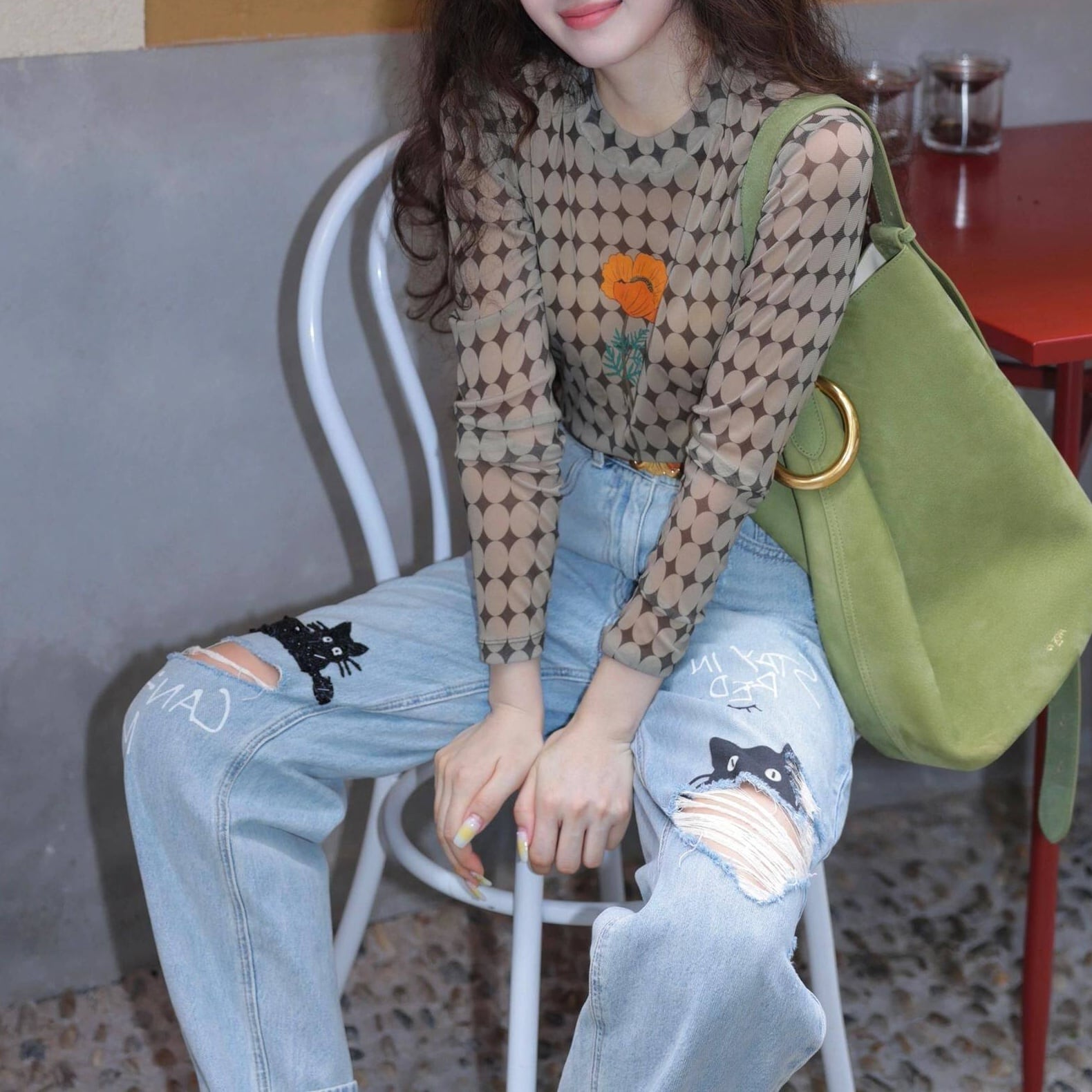 Vintage Art Geometric Print Mesh shirt*S-232