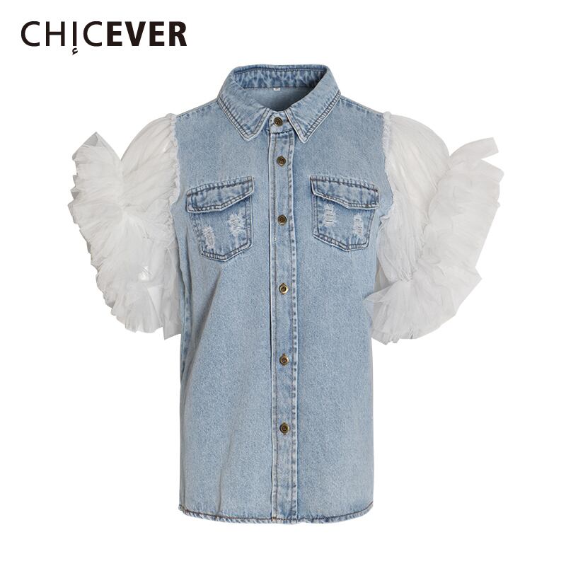 CHICEVERメッシュフリルパッチワークレディースジャケットコートラペルカラーパフスリーブデニムコート洋服2020夏 ラッフル サマー 夏物 6base594165533576