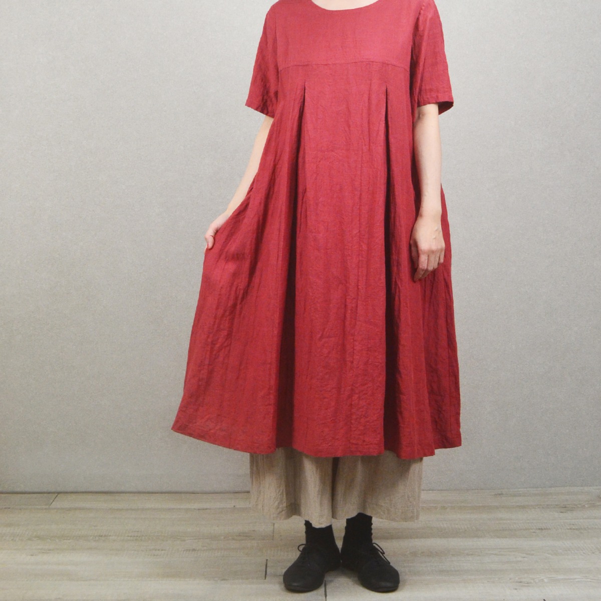 美品】+1(プラワン)切替デザインリネンワンピース/丸文商店/麻100% 