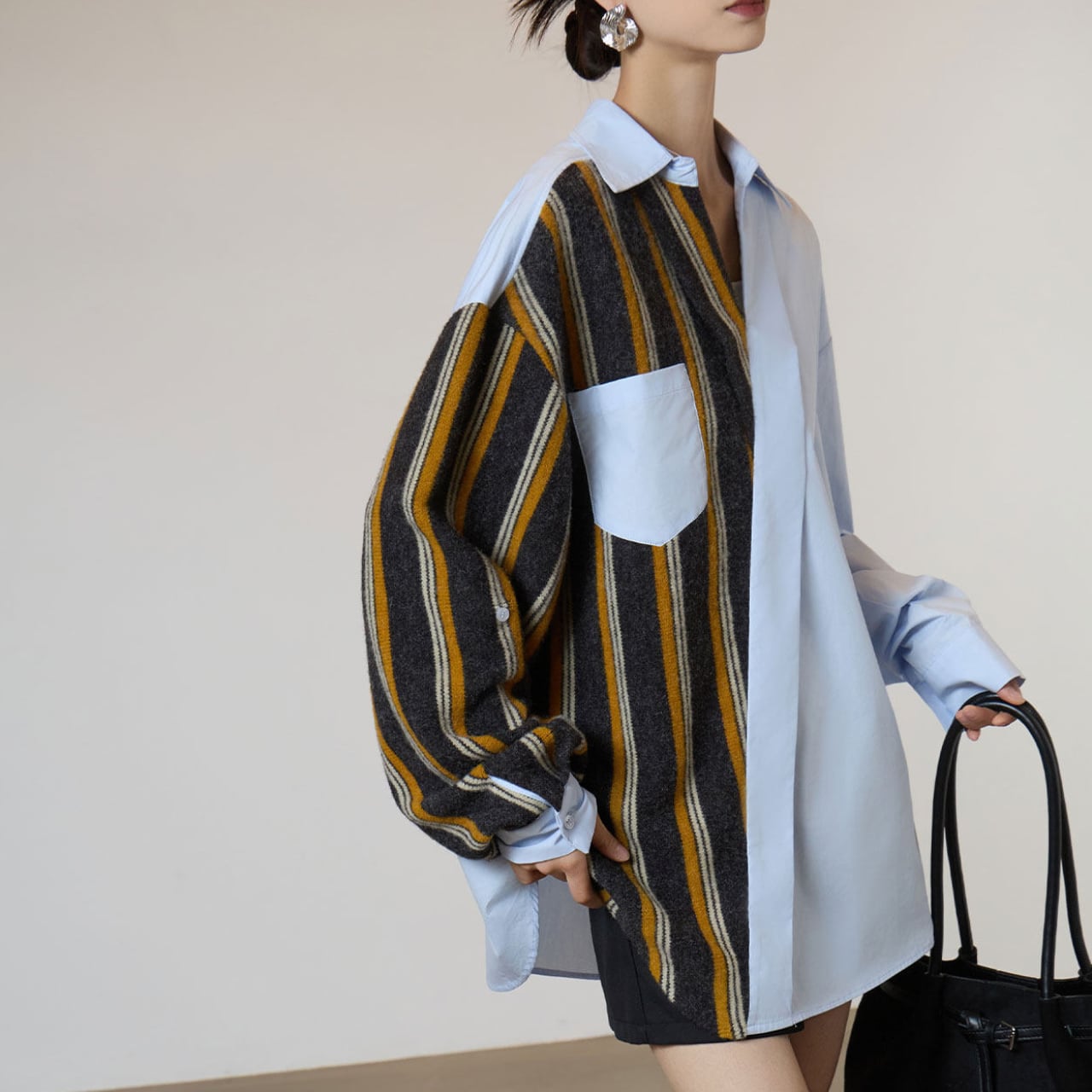 Diagonal front knit patchwork shirt S1796