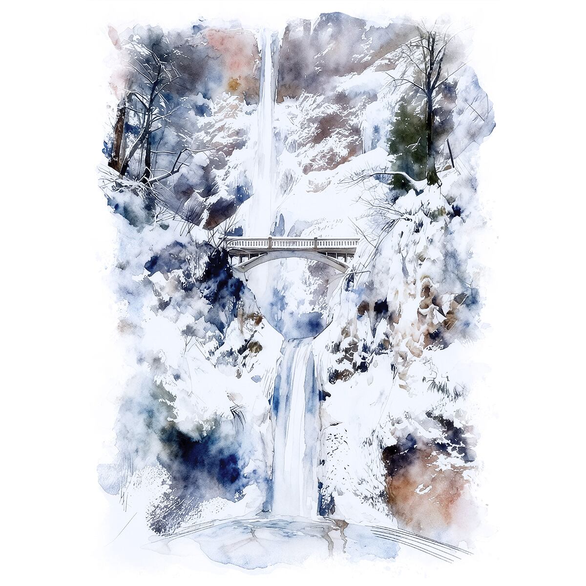 絵画 風景画(街並み) 冬 アメリカ オレゴン州 雪のマルトノマ滝 インテリアアート額付き 水彩画・油絵風 WAT1007