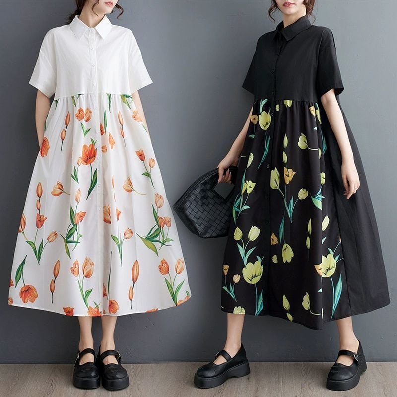 ワンピース half-sleeves shirt-dress FLOWER PRINT HALF SLEEVES A-LINE MIDI SHIRT DRESS 2colors M-9215