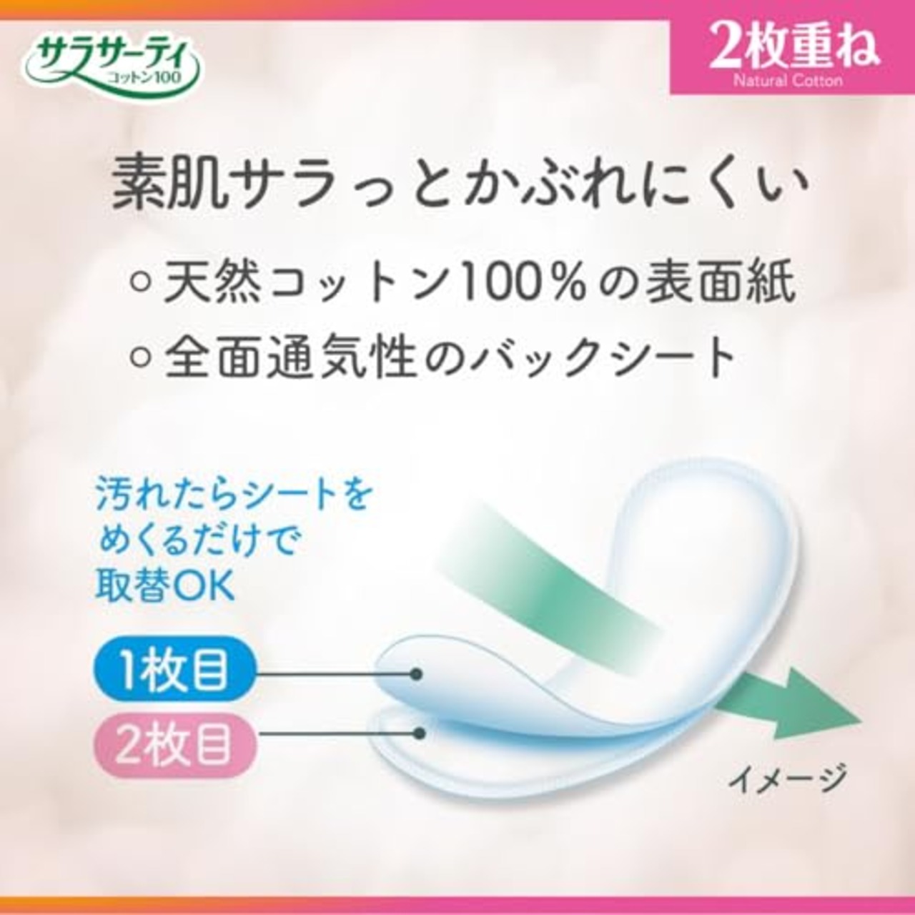 サラサーティ 2枚重ねのめくれるシート 無香料 おりものシート 72枚(36組×2枚)