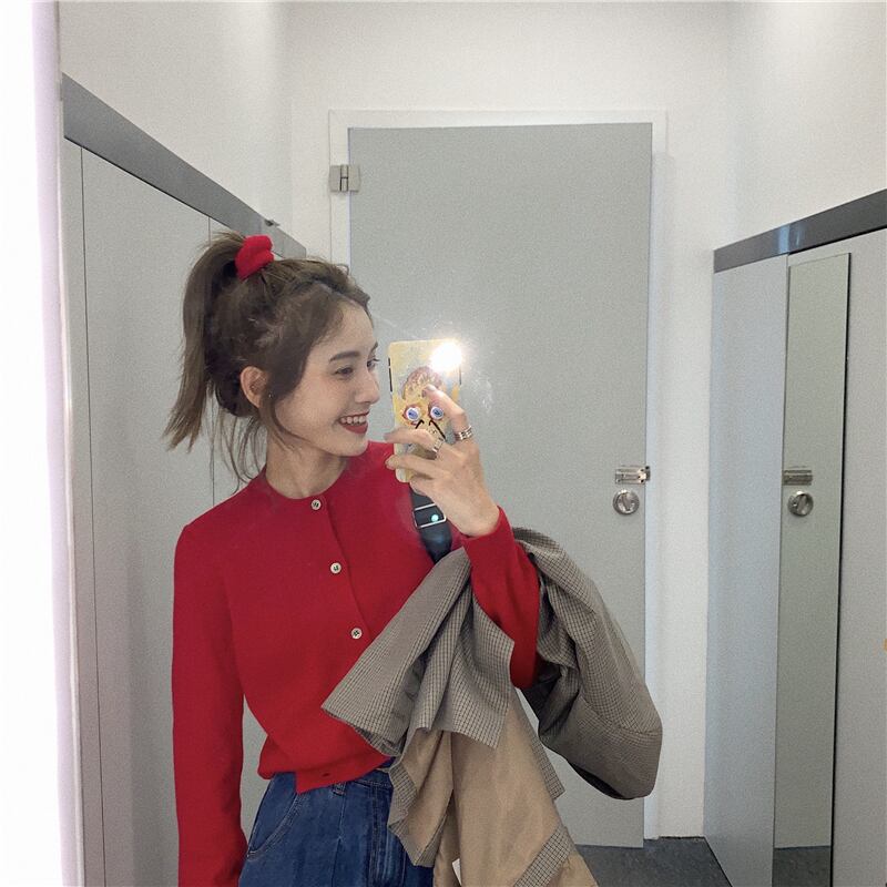 ニットセーター レディーススタンダードレッドトップス スプリングカーディガンジャケット レトロ 春物 ブラックストロベリース79989778595