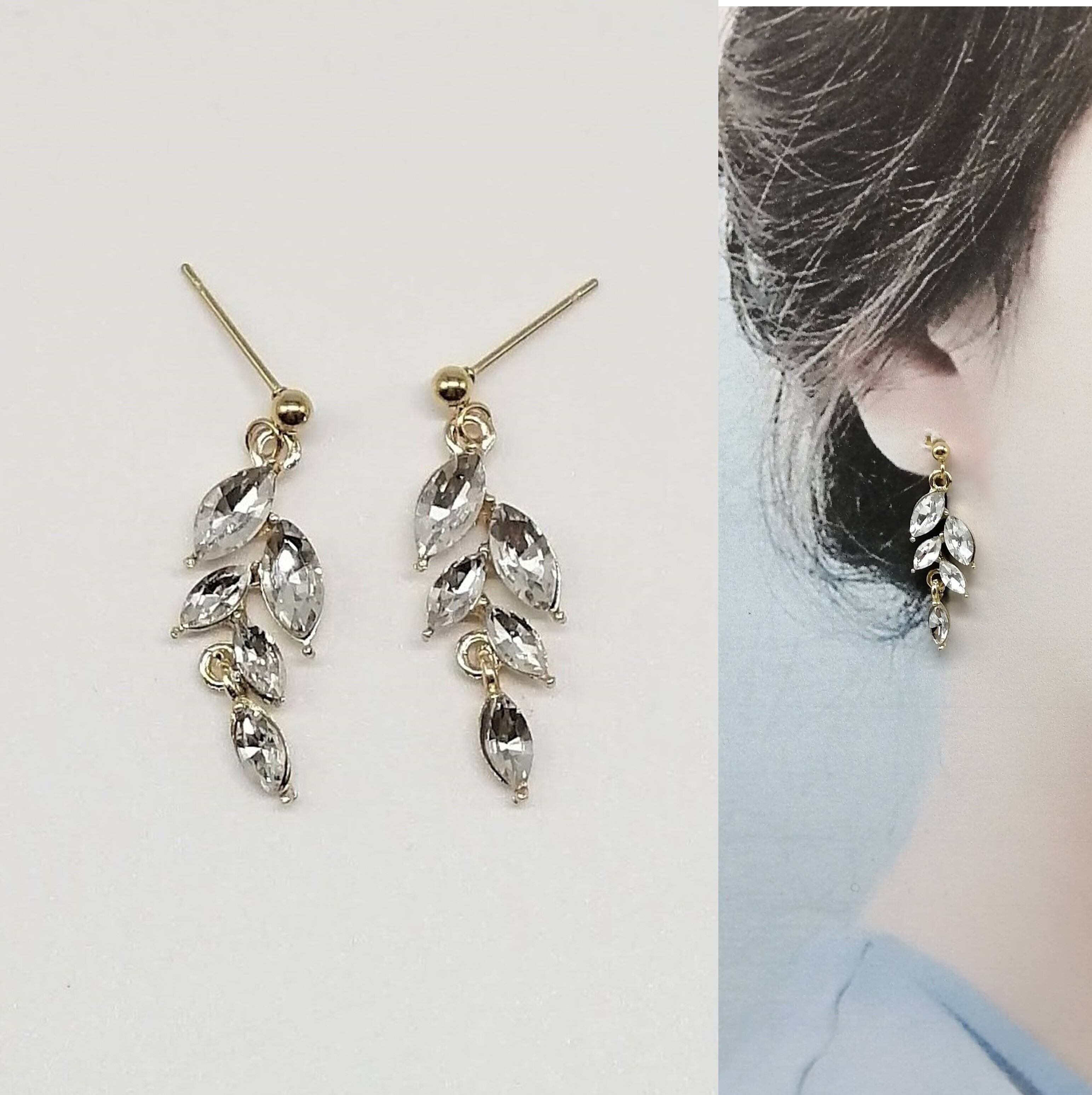 no.1824 葉っぱタイルとガラスのアシンメトリーピアス／イヤリング ピアス イヤリング お揃い クリスタルガラス 花 アシンメトリー