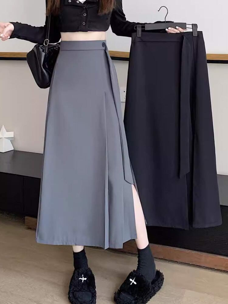 クールでモードなオンニスタイル スリット入りアシメプリーツロングスカート おしゃれ クール 大人 大きいサイズ 韓国 CH9378