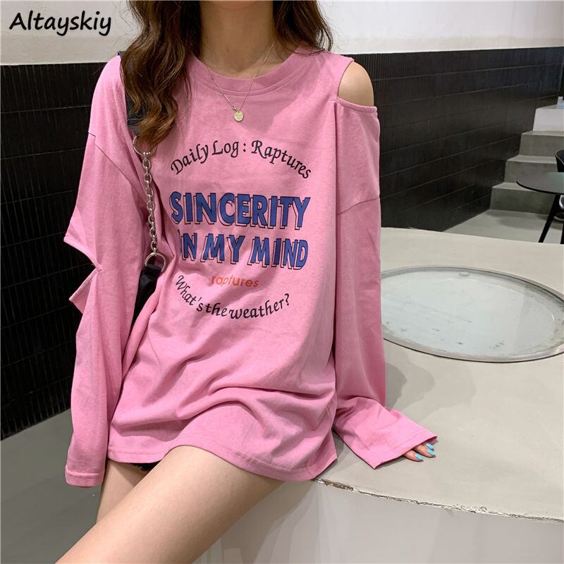 【新作】【送料無料】 女性 Tシャツレタープリントファッション甘い原宿ストリートオールマッチ女性シックなオフショルダーデザイン人気の O ネックトップス 0317856872654