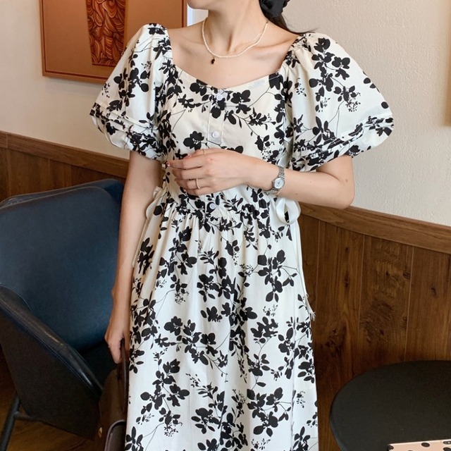 サマースタンダードバックVネックウェストスリーブロングプリントドレス レトロ 夏物 スクウェア 韓国婦人74319169007