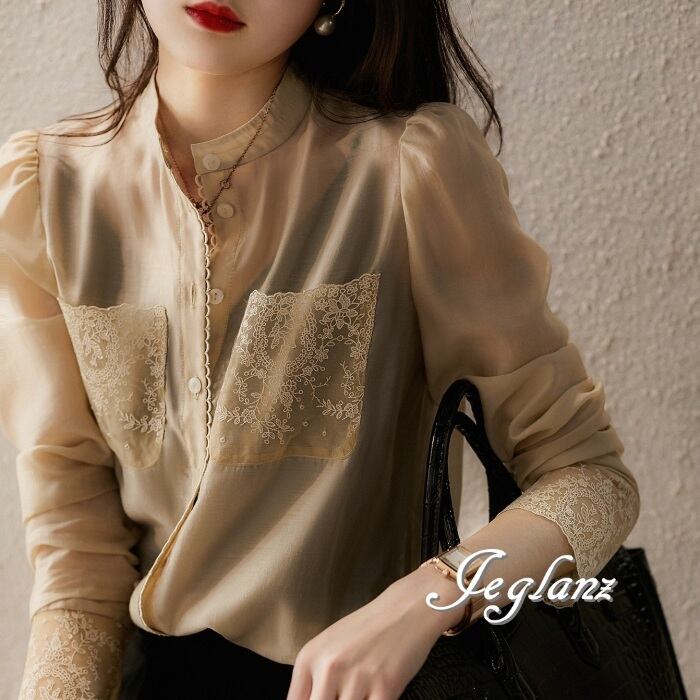 2色 シアー ブラウス シャツ 刺繍 レース きれいめ きちんと感(MA767)σ,ς*