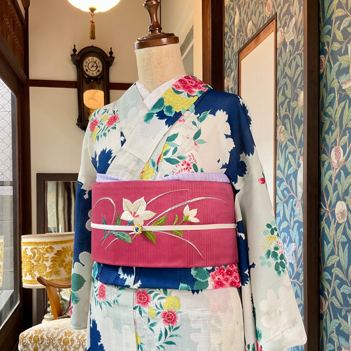 入道雲と木陰の花＊夏着物 絽＊紫陽花 百合 撫子 萩 影 アンティーク 