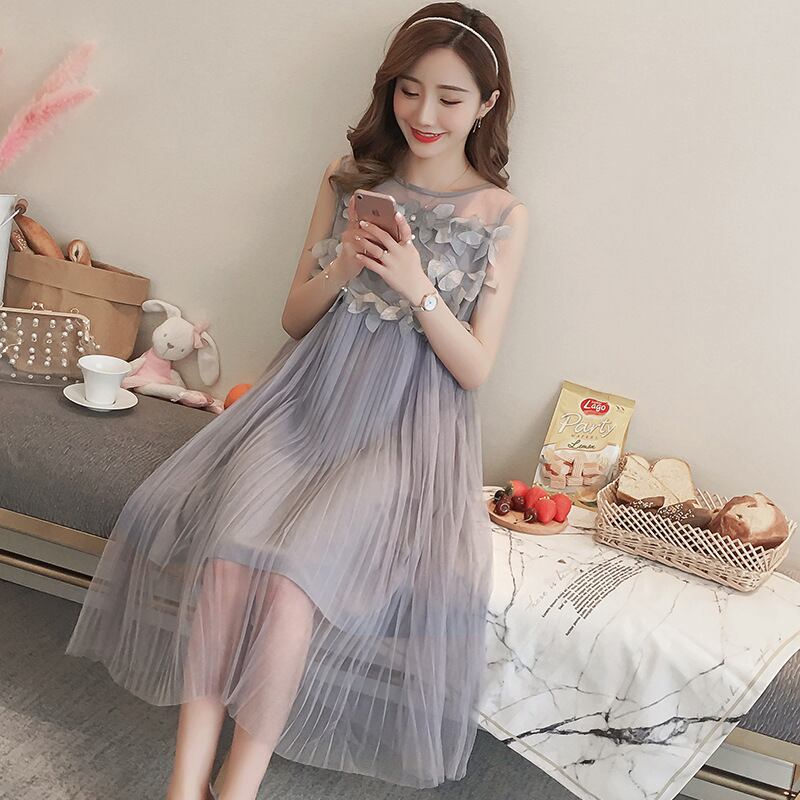 【新作】【送料無料】 マタニティウェア2019夏の新しいハイウエストノースリーブロングファッションステッチ偽のツーピースルーズマタニティドレス-アリババ ハイウェスト サマー 夏物 expec253712556996