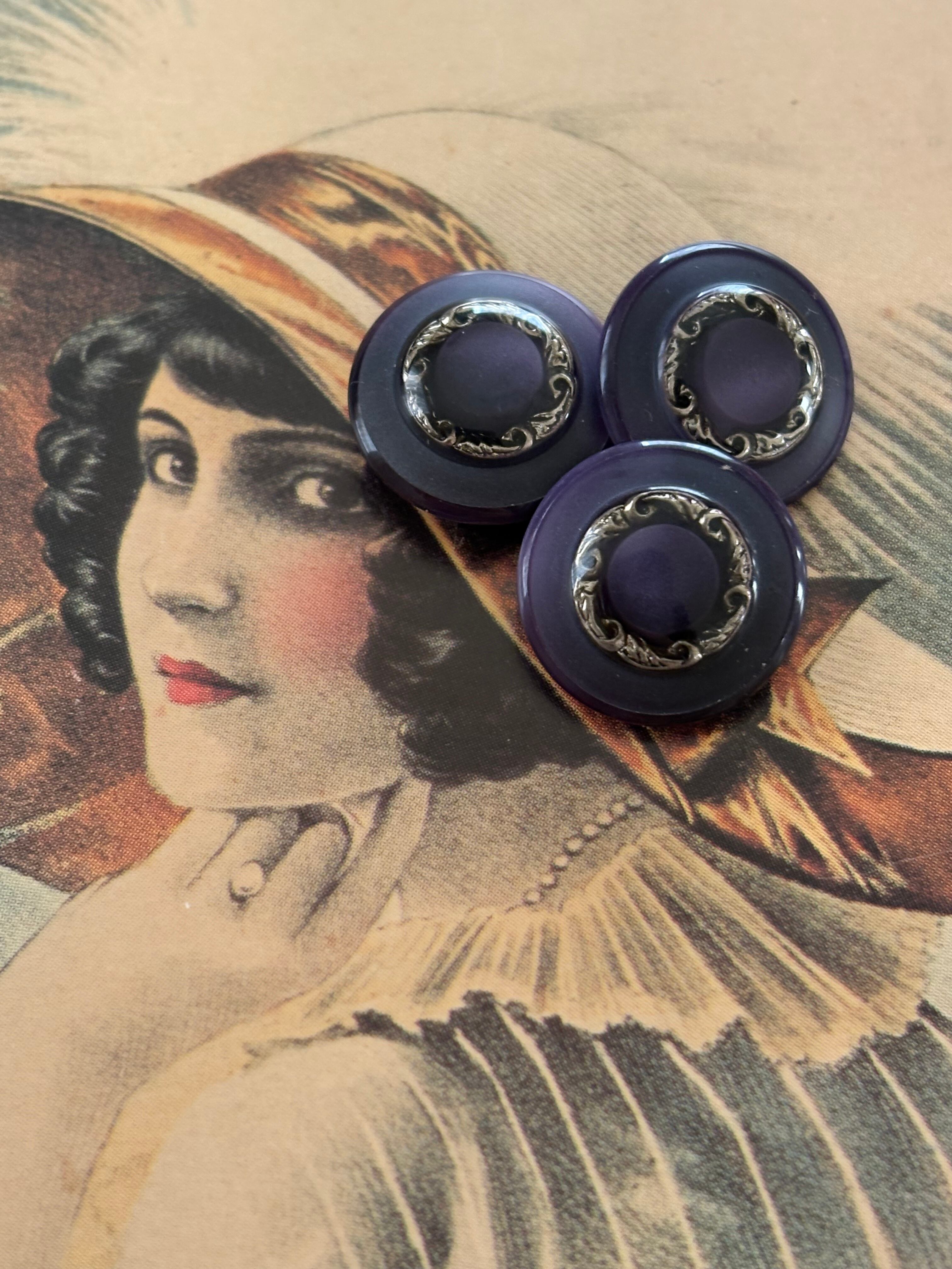 15mm Japanese ヴィンテージボタン パープル×シルバー 樹脂ボタン 昭和レトロ アクセサリーパーツ 装飾材 カルトナージュ
