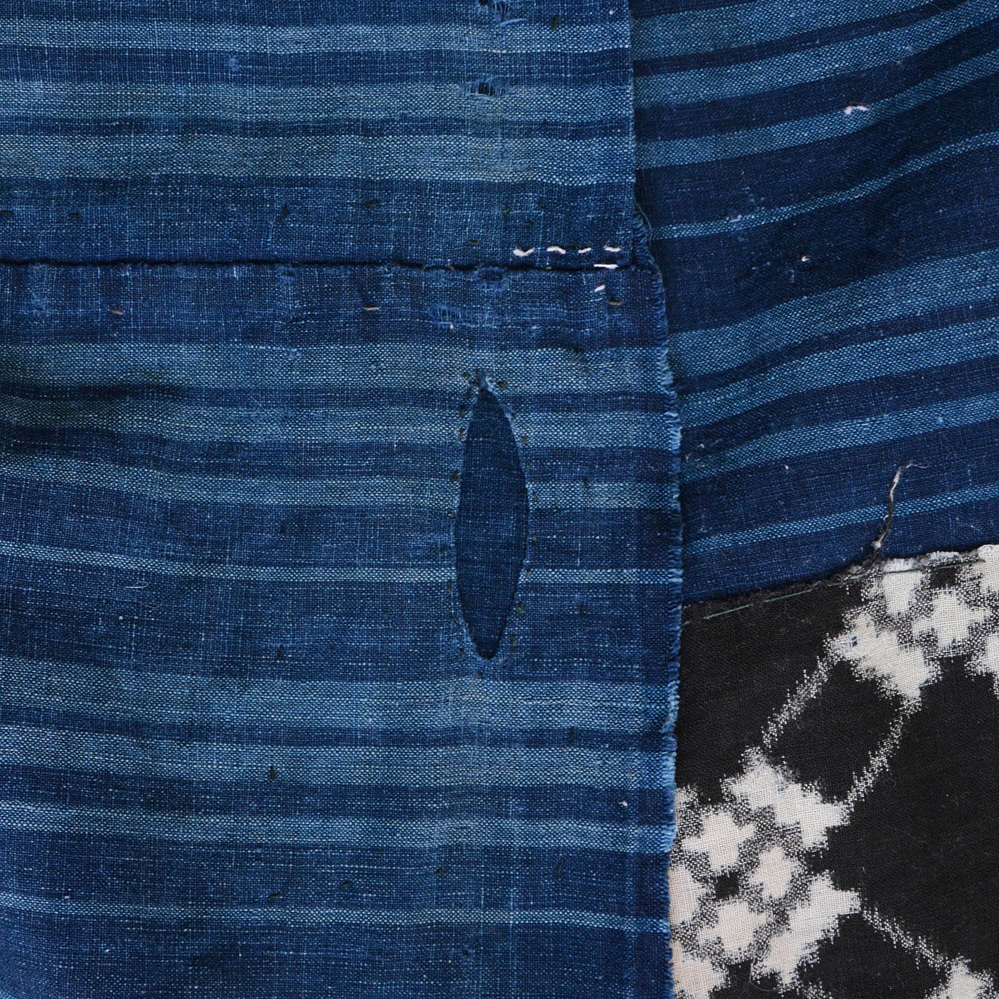 希少蔵出し布団皮6.5幅古布藍染 緑 木綿襤褸寄せ布格子縞