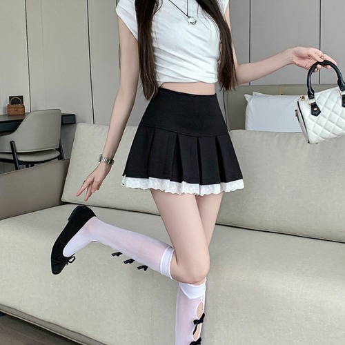 2色／レースヘムプリーツミニスカート ・78602
