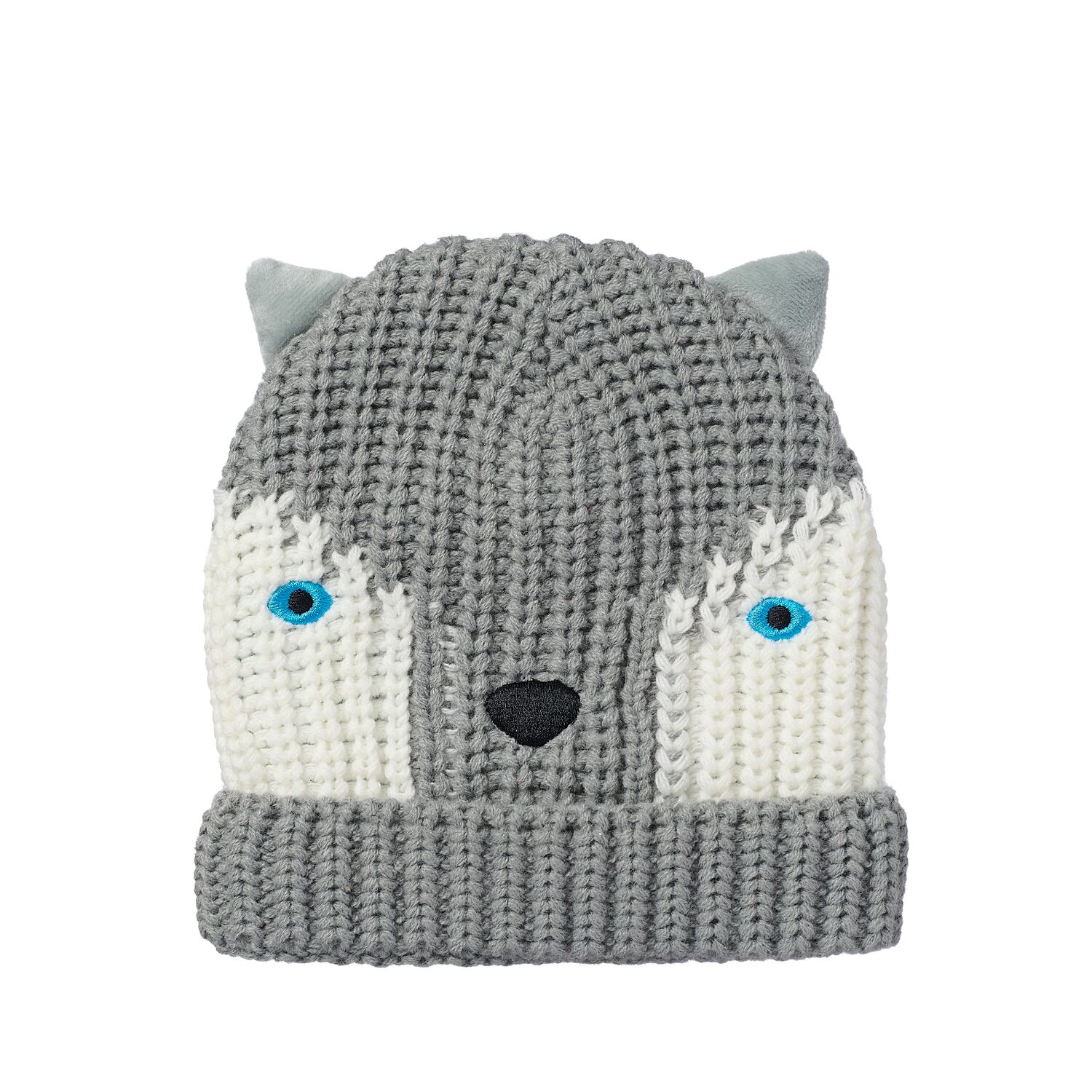 T2473G-1-Husky Dog Knitted Hat 3-6 Years-GREY