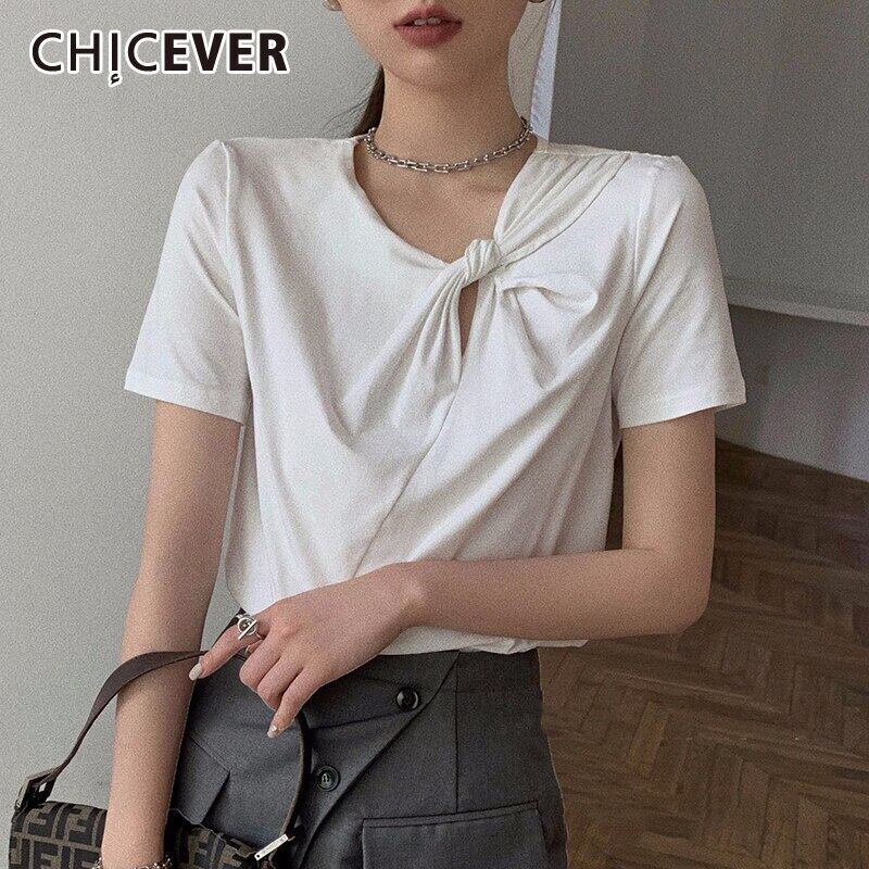 CHICEVERスリムTシャツレディースVネック半袖中空アウトシャーリングサマーシャツミニマリスト2020 ショート ハーフスリーブ 夏物 6base556682890561