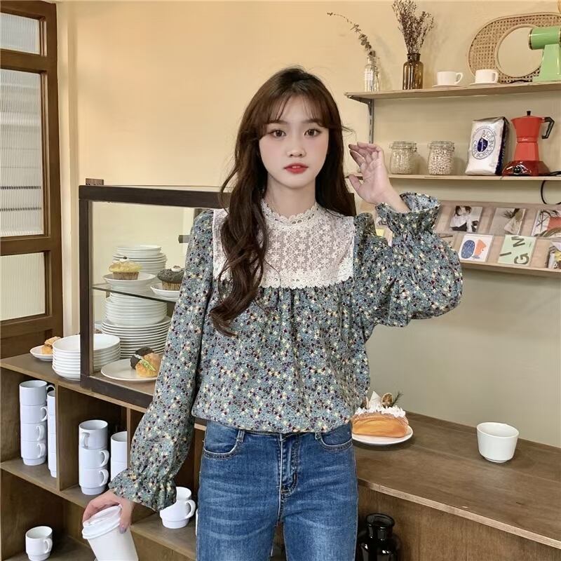 小花柄　レース切り替えブラウス　AJ44170-D04