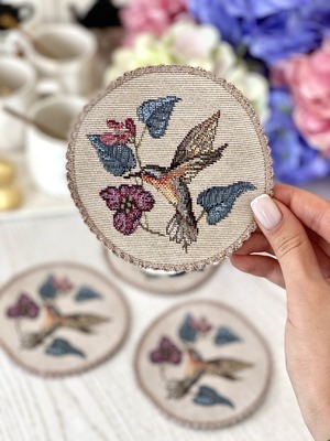 タペストリーラウンドコースター　野鳥　10cm（レース付き）ウクライナ製