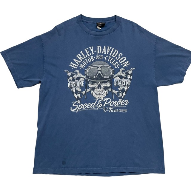 《XL》Harley-Davidson ハーレーダビッドソン Tシャツ スカル 両面プリント フェード ネイビー no.10596
