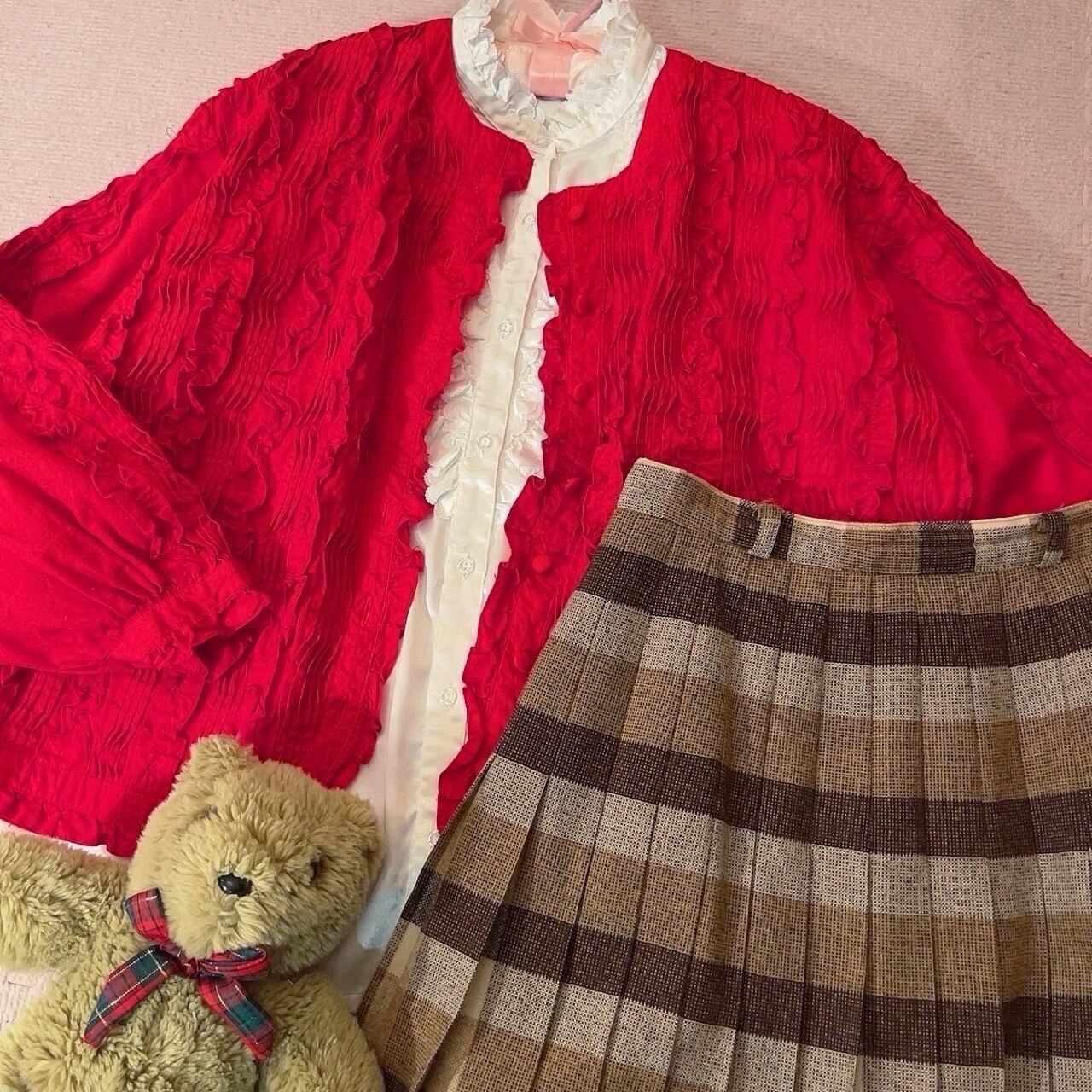 red frill pintuck cotton blouse