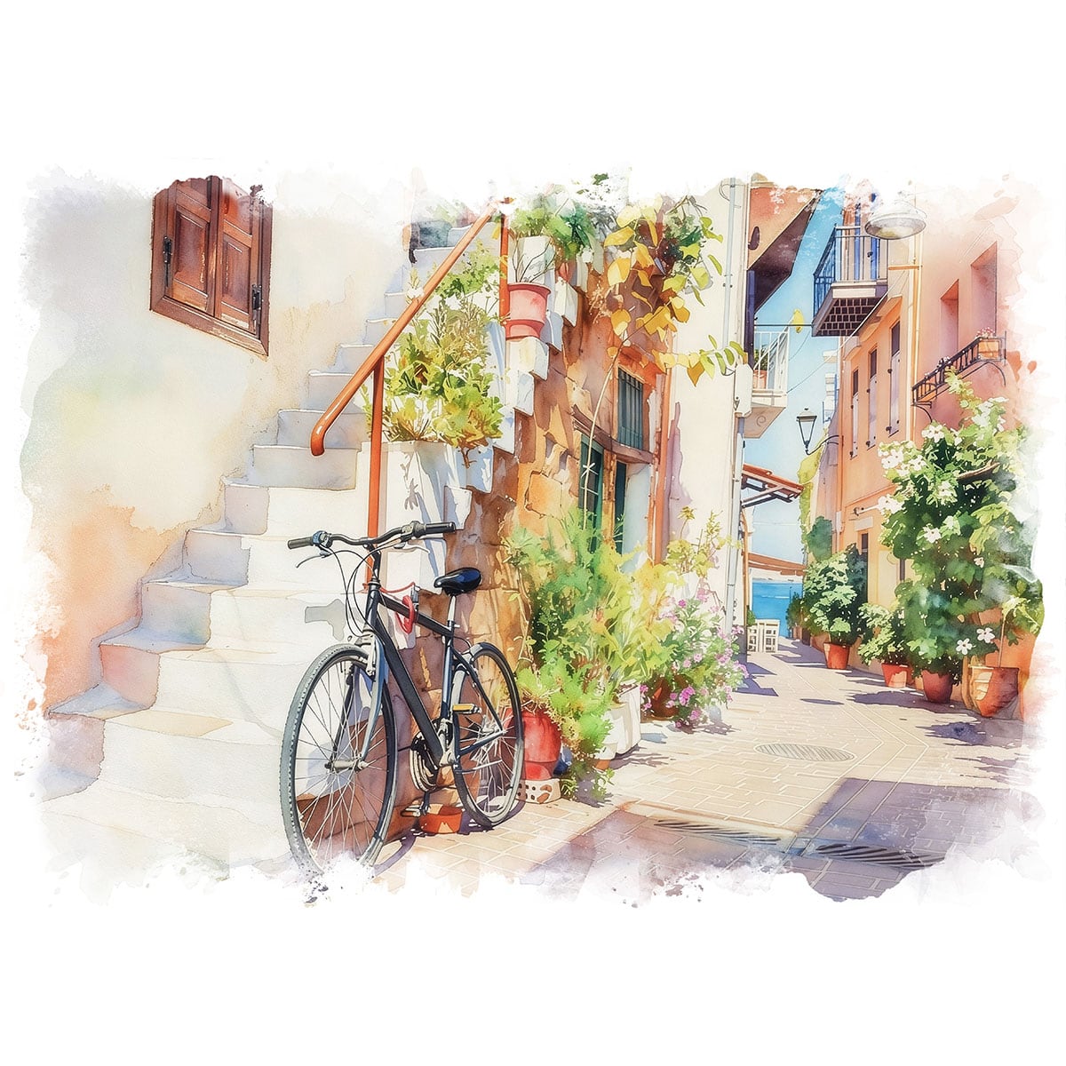 絵画 ギリシャ 風景画(街並み) クレタ島 ハニアの美しい通りの風景