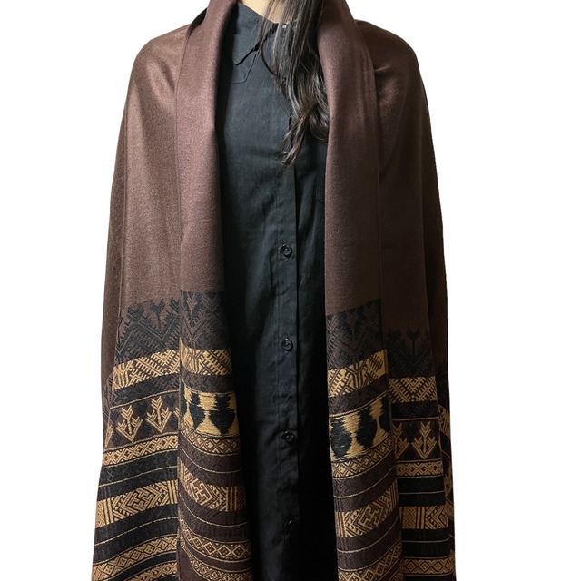 パシュミナストール　幾何学模様_ブラウン/ブラック/ターコイズ