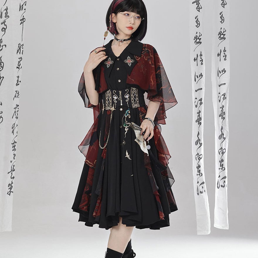 チャイナ風 中華服 ワンピース 半袖 刺繍 レイヤード ショール付き