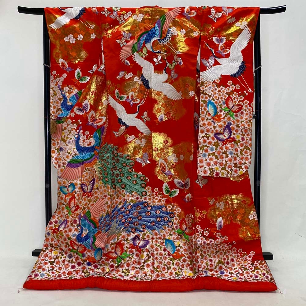 色打掛 正絹 鶴 刺繍 金 赤 打掛 Lサイズ 裄67 花嫁衣裳 婚礼 色打掛 正絹 鶴 刺繍 金 赤 打掛 Lサイズ 裄67 花嫁衣裳 婚礼