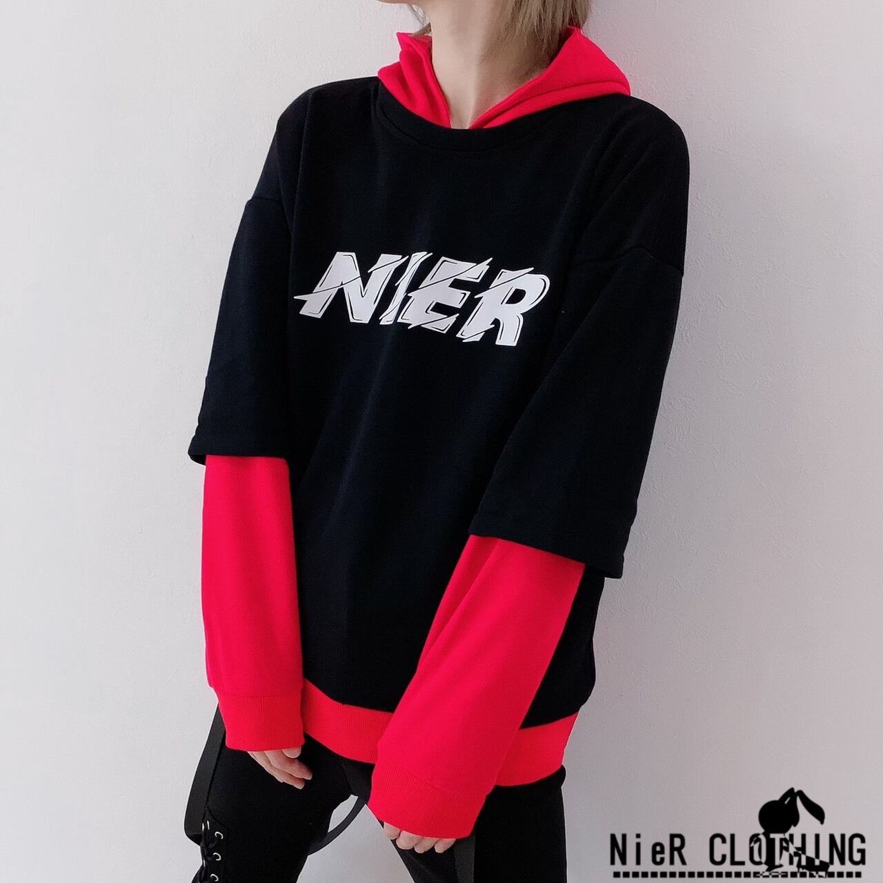 LONG SLEEVE LAYERED HOODIE【BLACK×RED】 | NIER CLOTHING powered by BASE