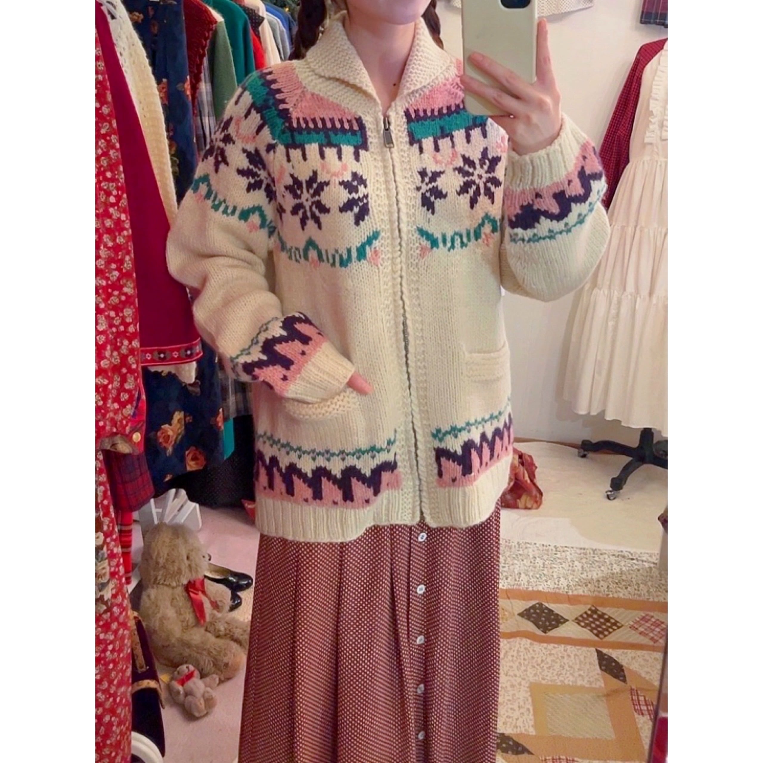 pink purple snowflake zip knit sweater