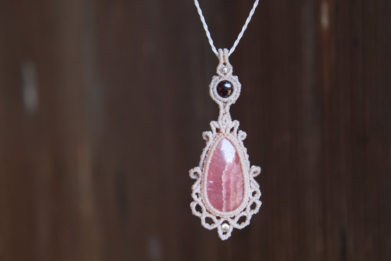 Rhodochrosite  & Rhodolite Garnet micro macrame  pendant