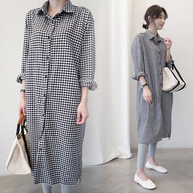 送料無料 ロング丈 ギンガムチェック ロングシャツワンピース チェック柄 シャツワンピ Fsk0492 Alice Mode