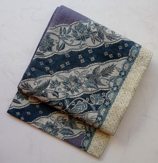 【ふくろ帯】インディゴ系　更紗文　紬地洒落ふくろ帯