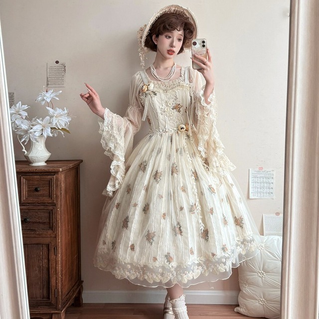 量産型クラシカルロリィタ JSK 花柄刺繍 アプリコットお茶会