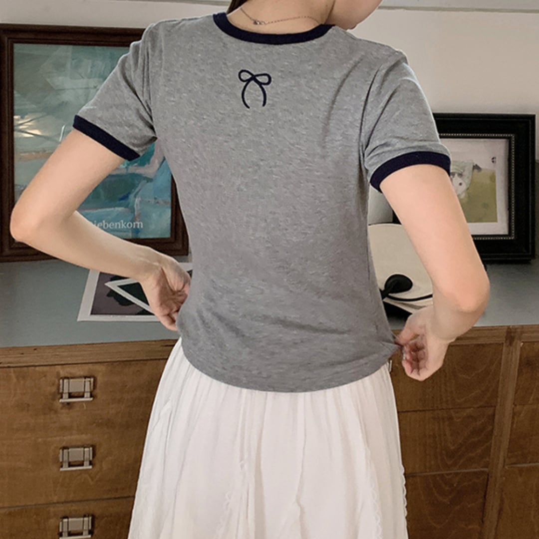 simple casual back ribbon short sleeve shirt