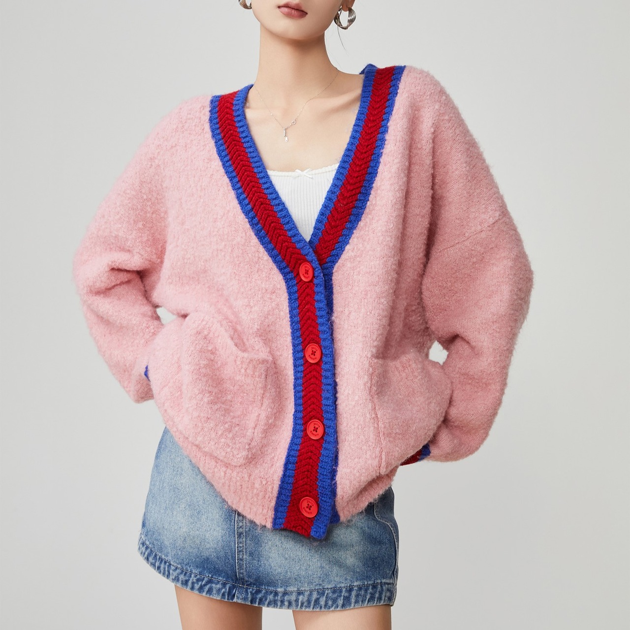 Vネック パッチワークカーディガン H0041